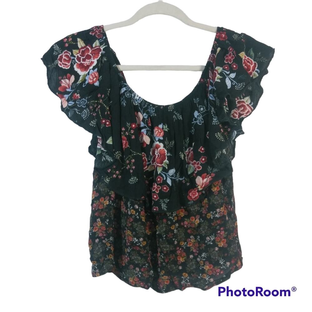 Gypsies & Moondust Black Floral Ruffle Off Shoulder Top Size M
